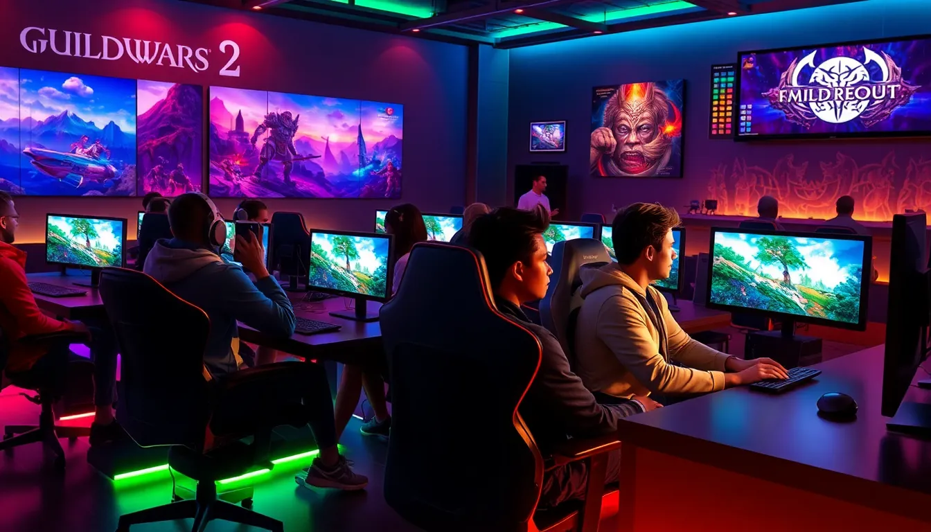 diverse group of gamers playing Guild Wars 2 in a modern lounge.