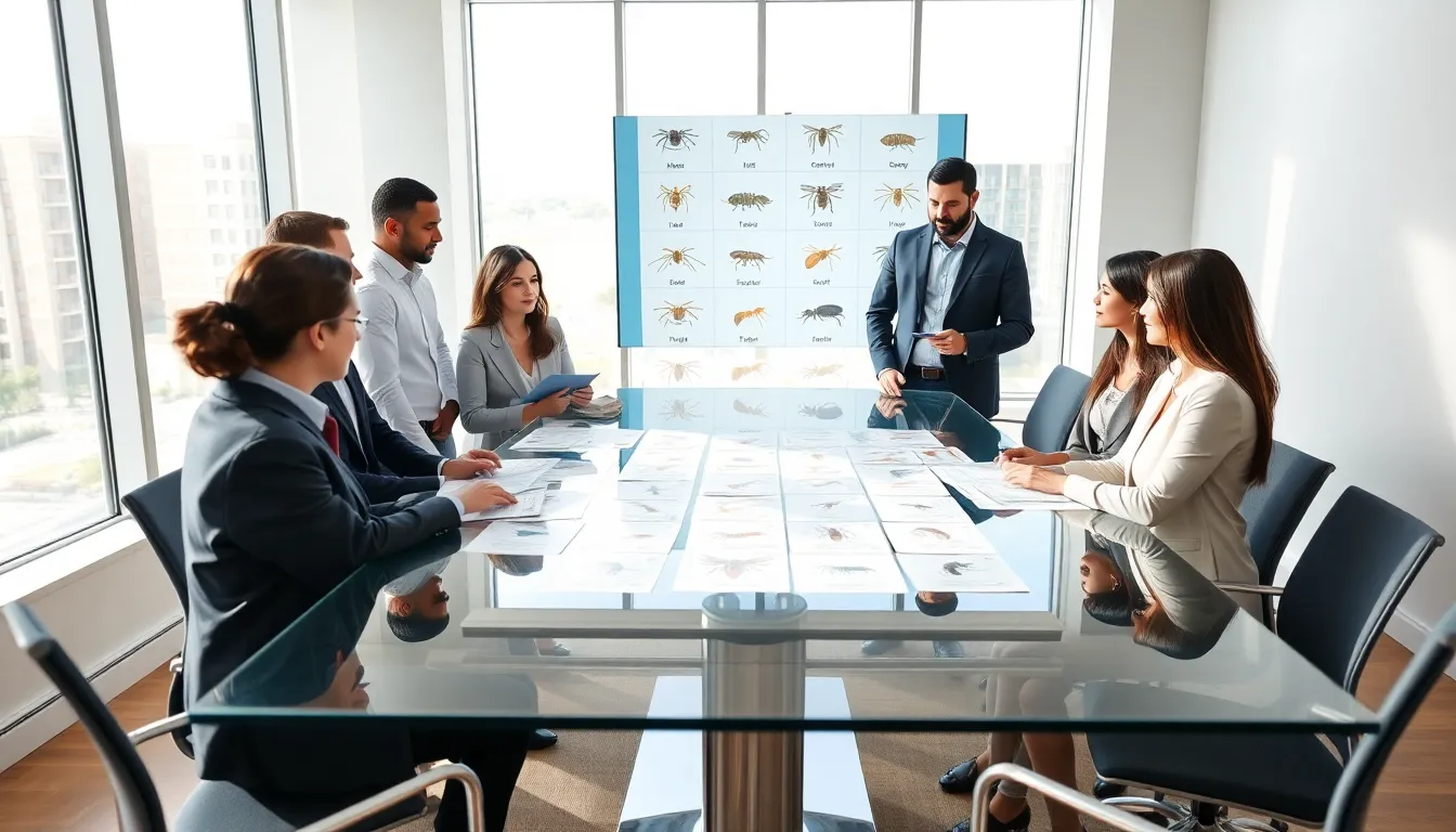 Pest control experts discussing termite prevention in a modern office.
