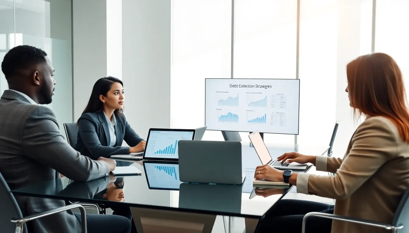 diverse team discussing debt collection strategies in a modern office.