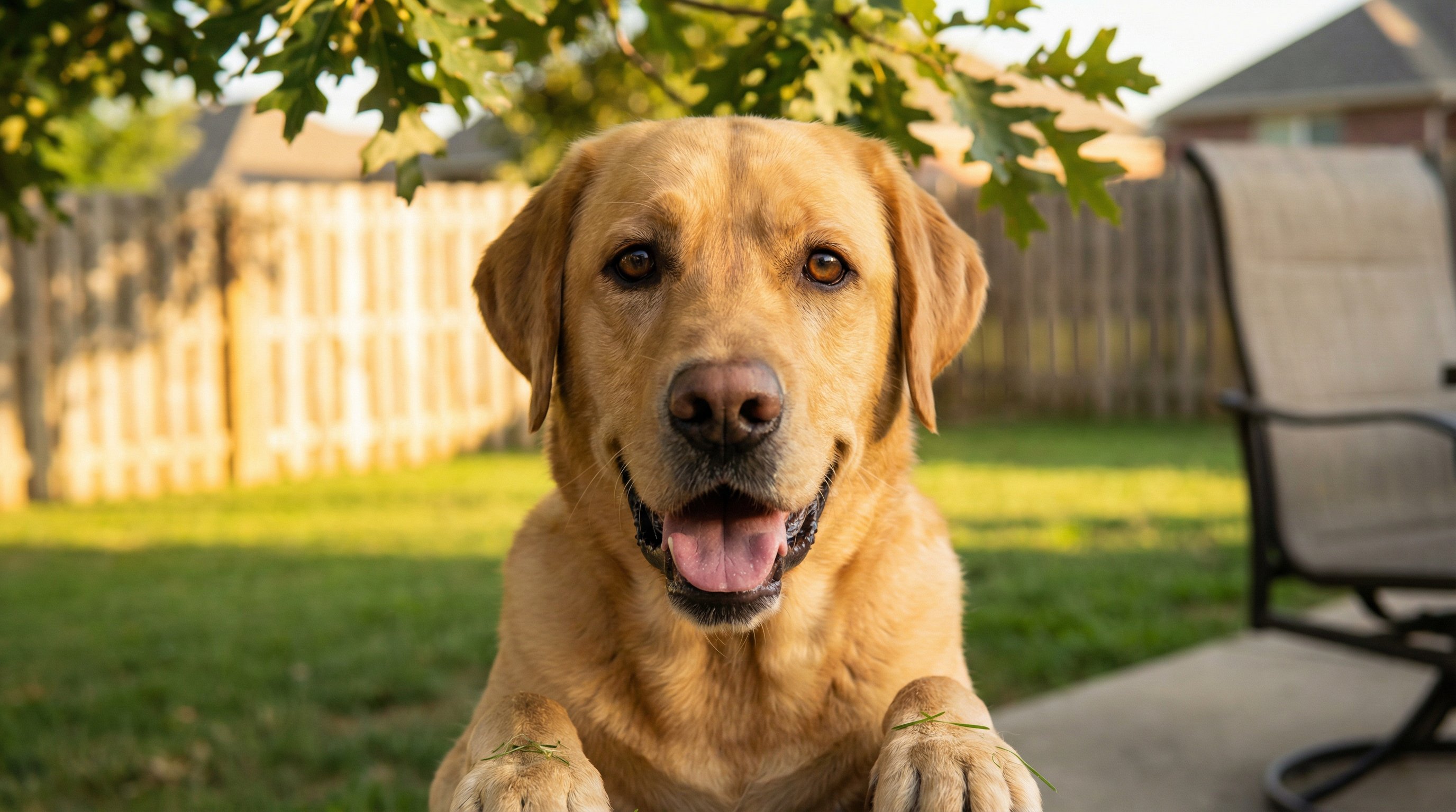 Golden Labrador Retriever smiling at the camera in warm backyard sunlight.