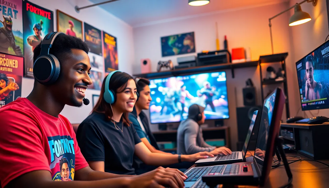 a diverse group of gamers enjoying online multiplayer games in a cozy room.