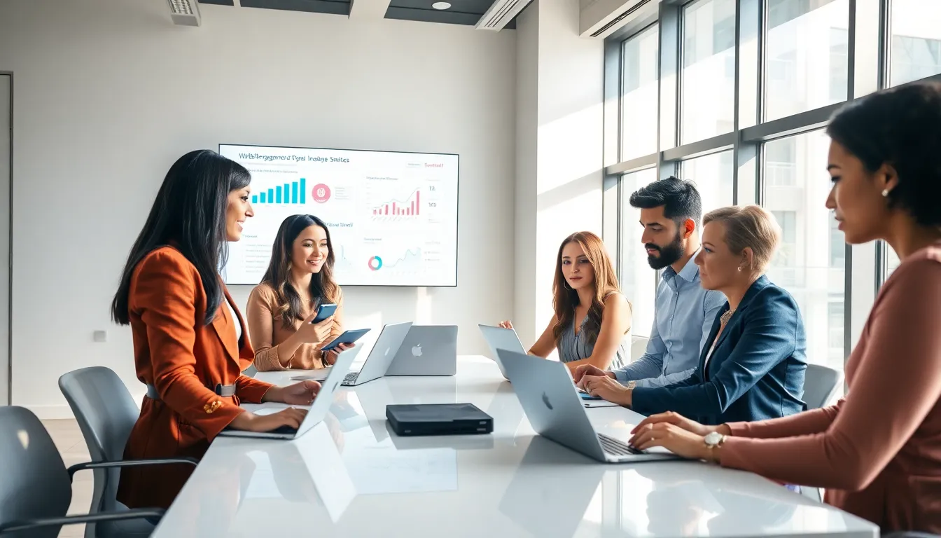 diverse team discussing software solutions in a modern office.