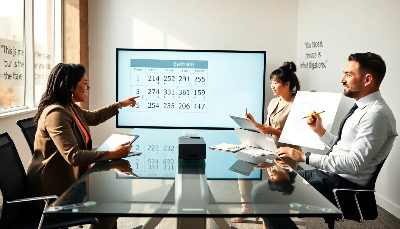 diverse professionals discussing multiplication concepts in a modern office.
