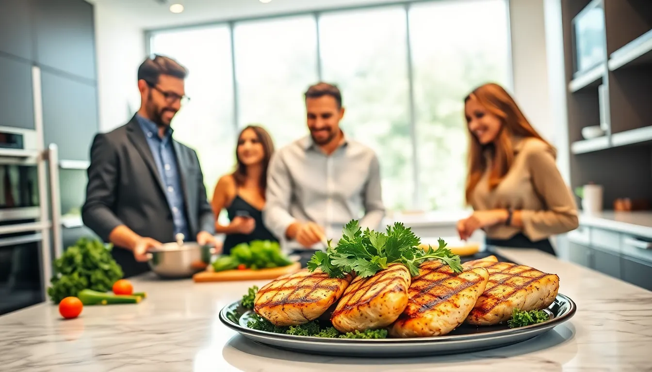 diverse professionals cooking heart-healthy chicken breast recipes in a modern kitchen.