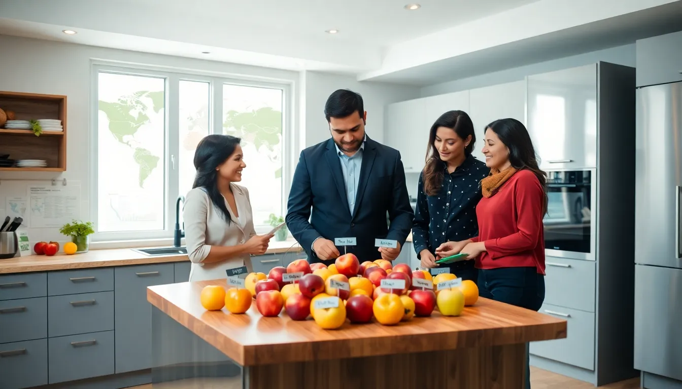 diverse team exploring apples representing global travel experiences.