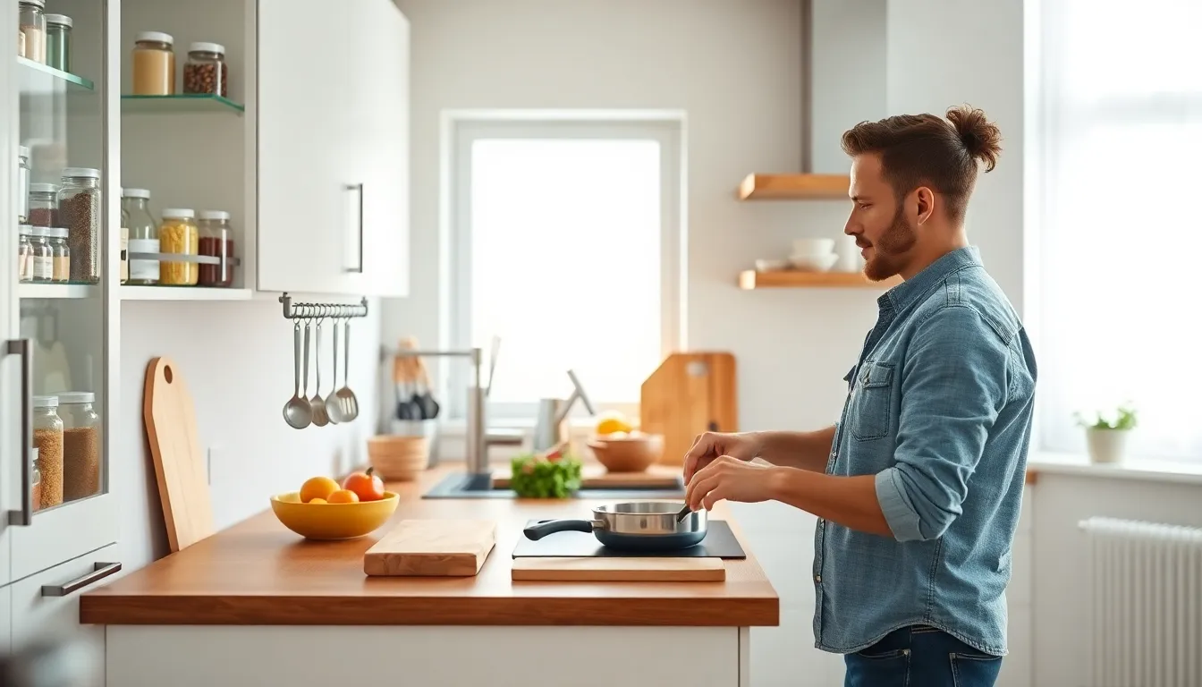 organized kitchen with clear containers and a professional preparing a meal.