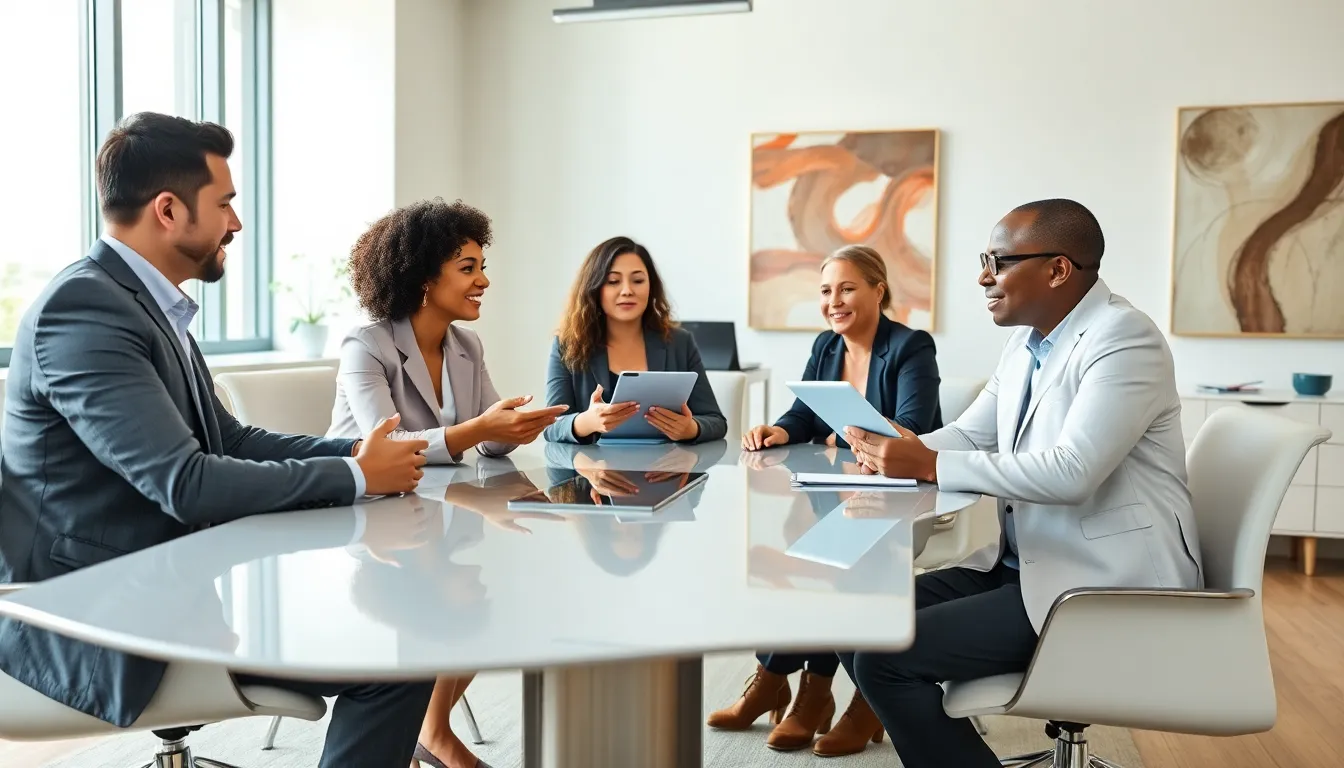 diverse professionals discussing the concept of suhjvfu in a modern office.