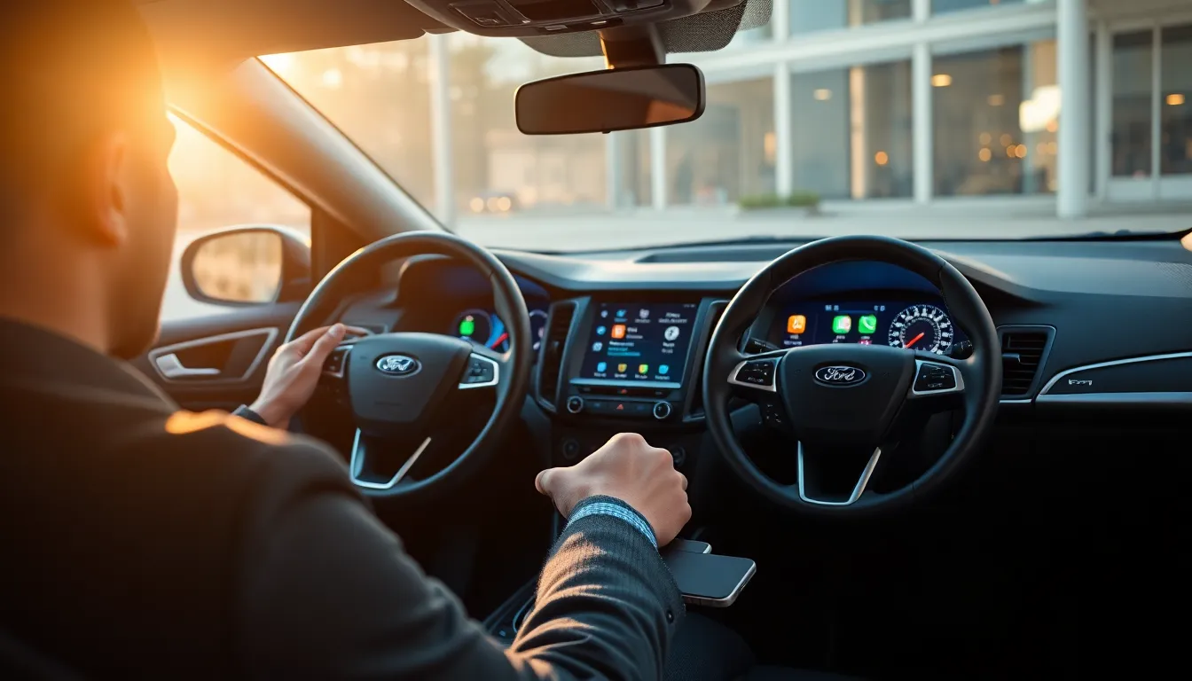 Interior of a Ford vehicle showcasing Ford Sync technology with mobile apps.