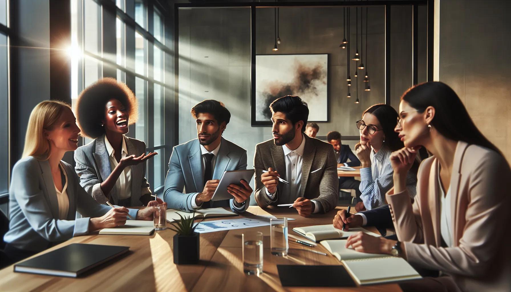 diverse professionals discussing language's societal impact in a modern office.