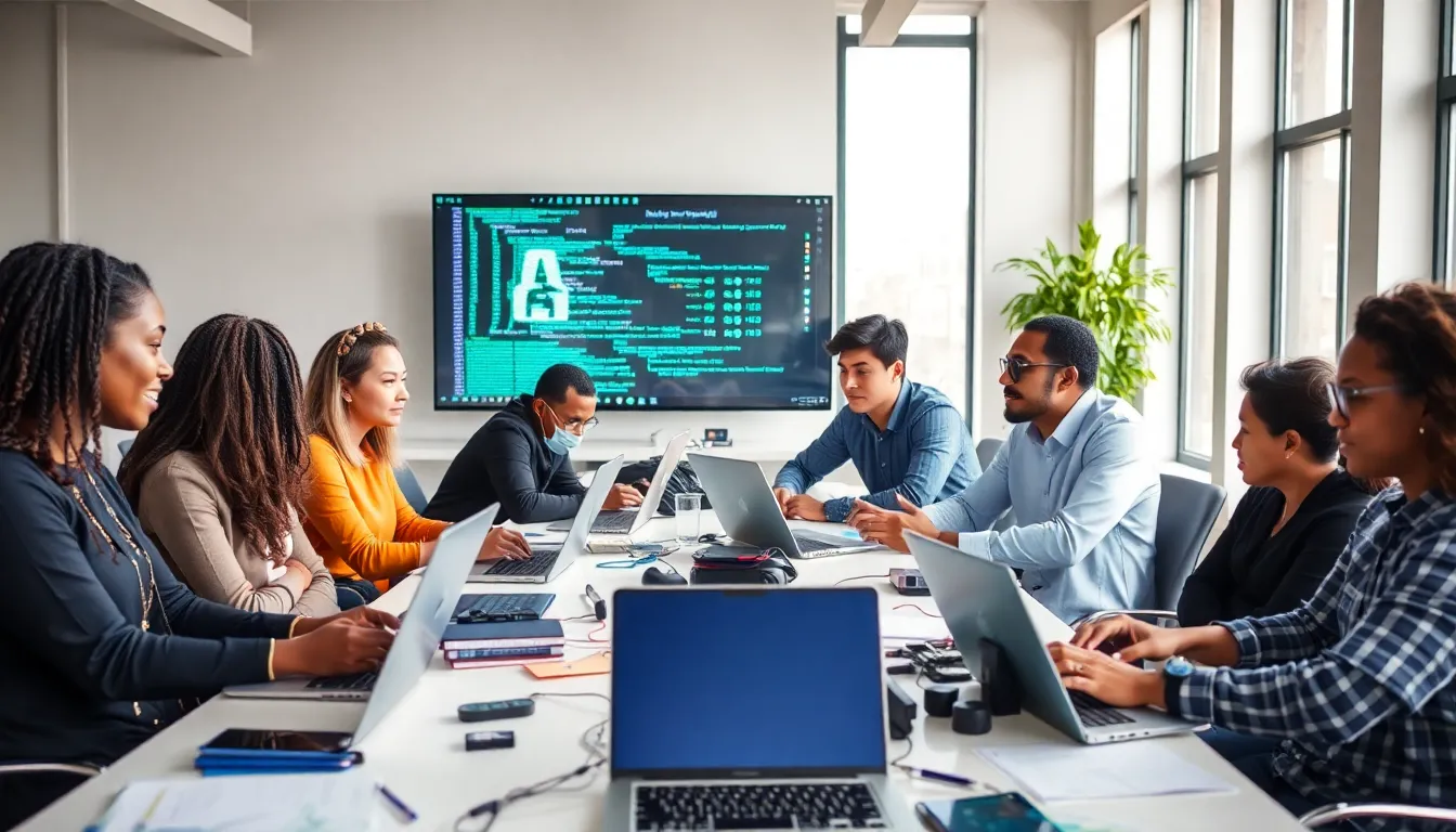 diverse group collaborating in a tech-focused workspace.