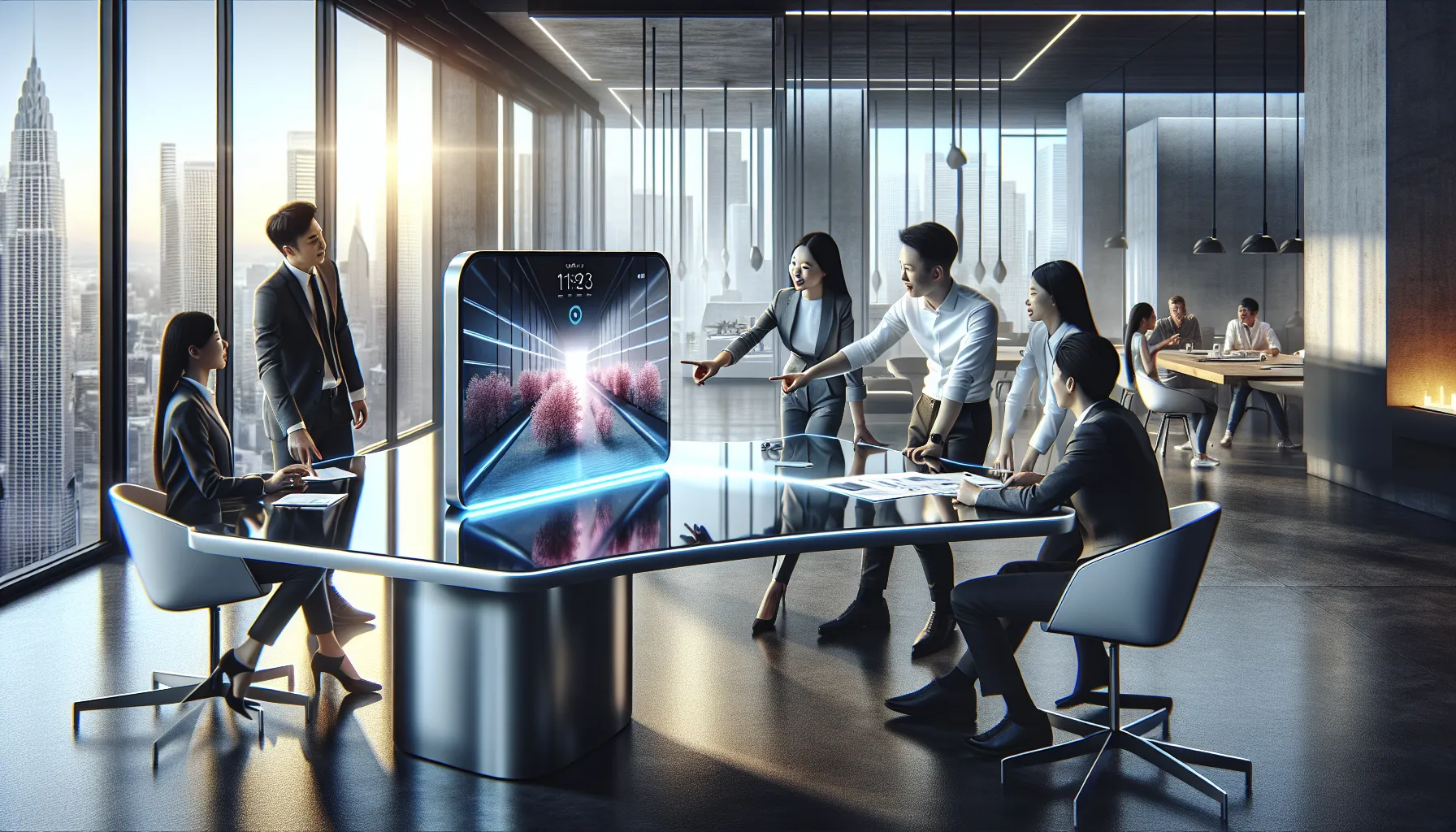 professionals collaborating in an office with the Smith201500 device.