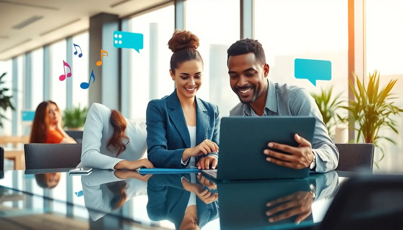 diverse team collaborating with digital devices in a modern office.