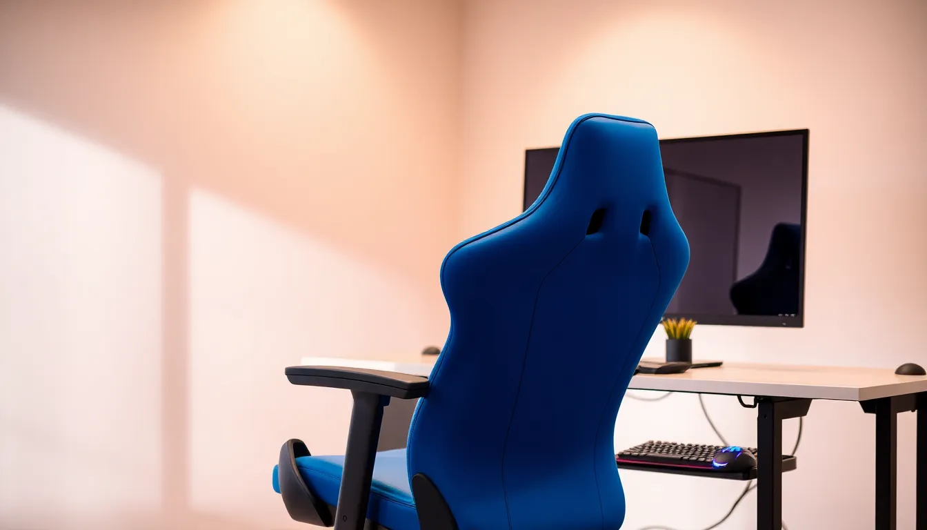 ergonomic blue gaming chair in a modern gaming setup.