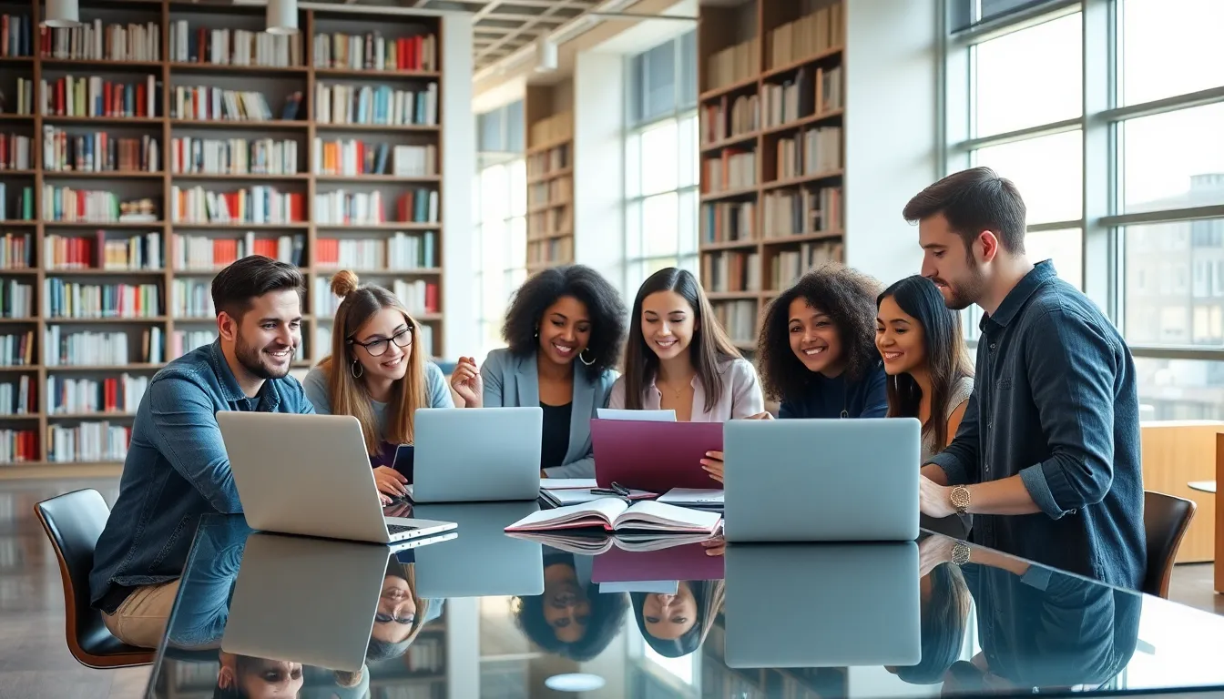 diverse students studying college tuition costs in a modern library.
