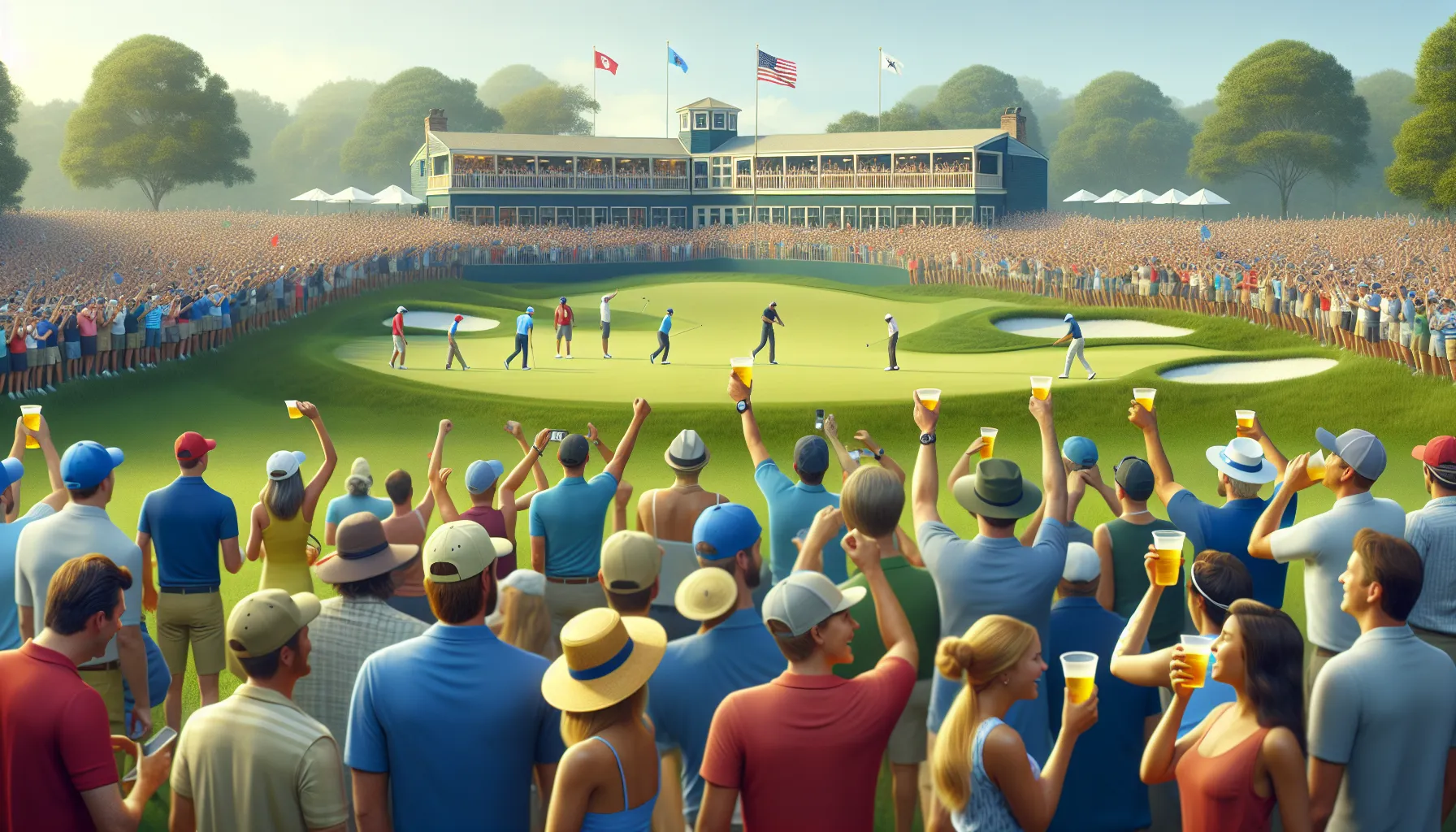 diverse crowd cheering at a lively golf tournament.