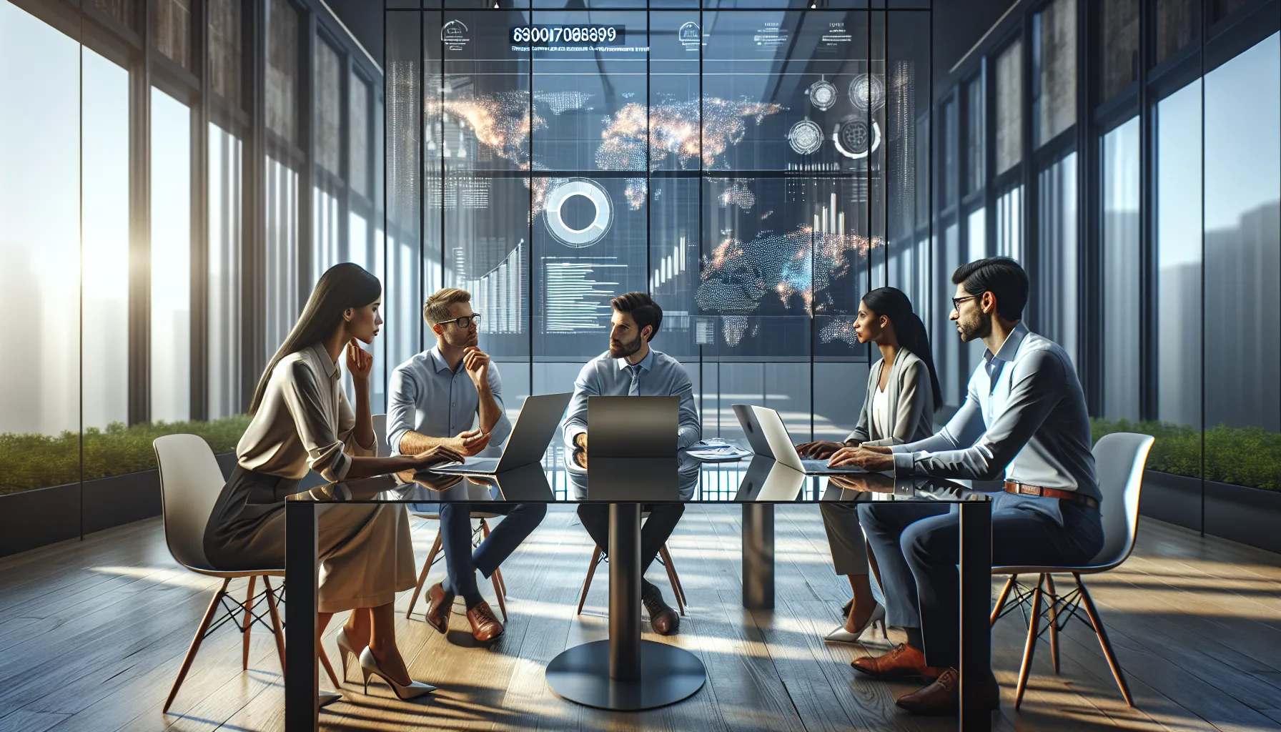 diverse team discussing data in a modern office setting.