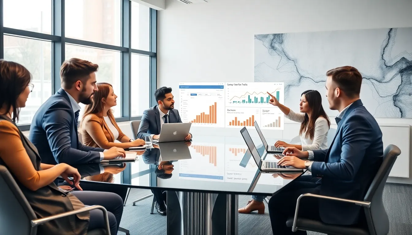 diverse professionals collaborating on web strategies in a modern office.