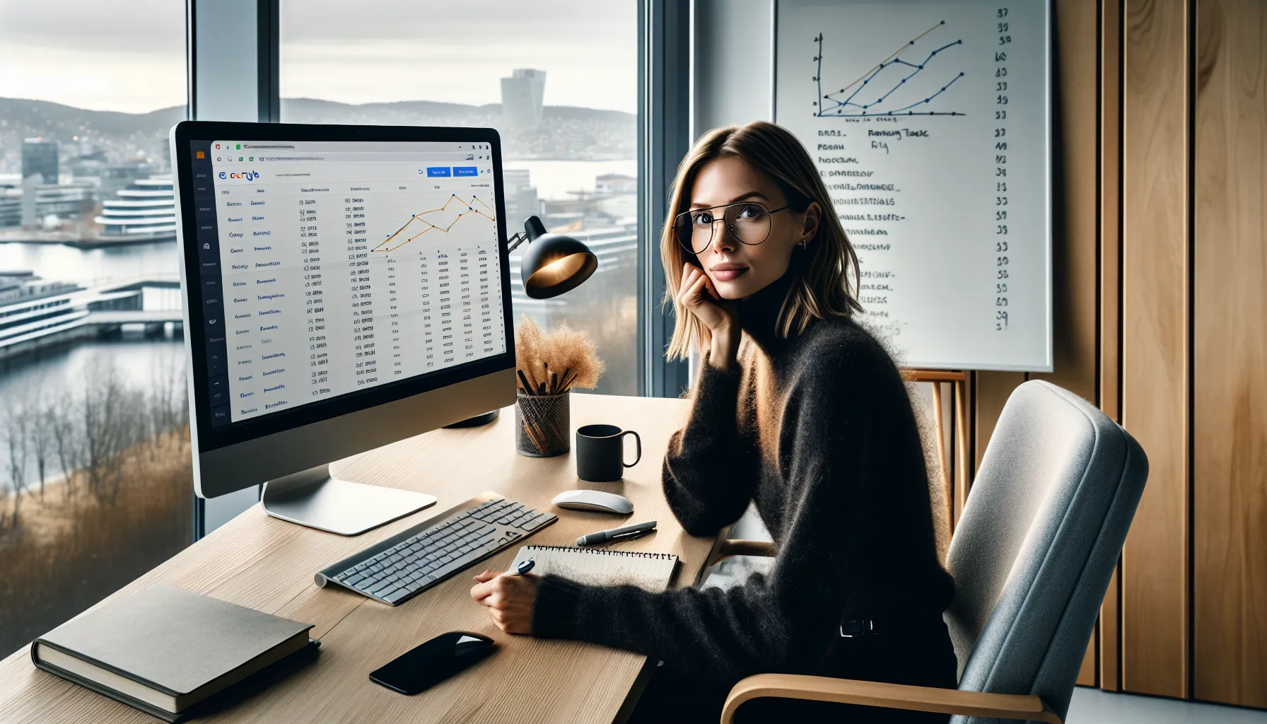 Norwegian marketer plans seo goals and keyword strategy at a modern office desk.