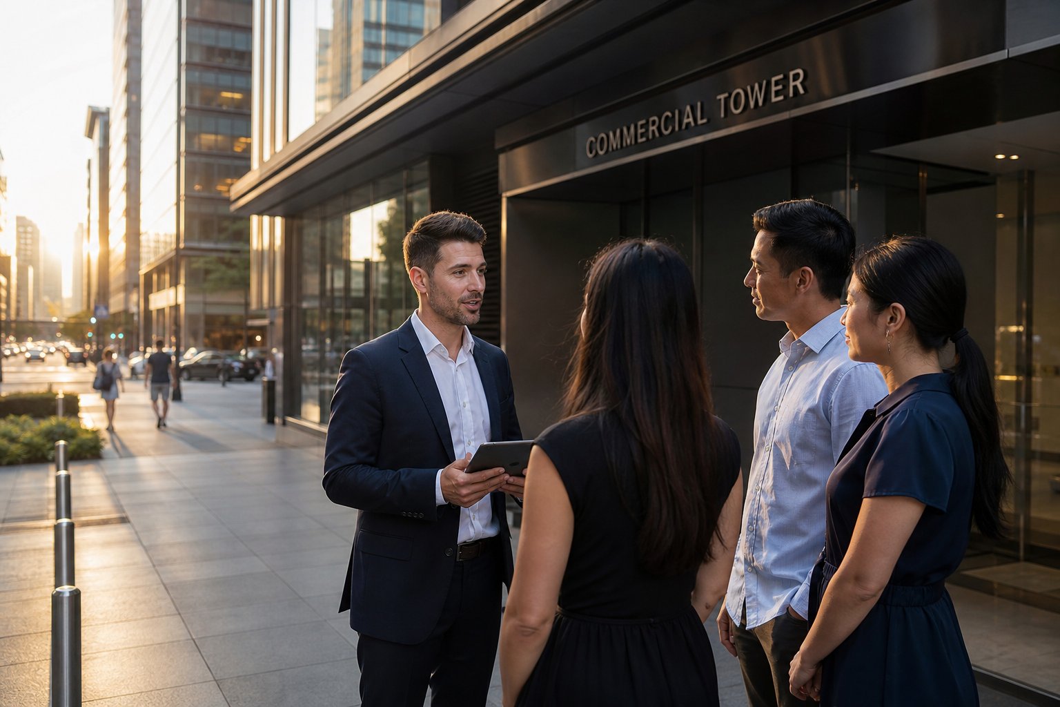 Professional commercial mortgage meeting outside a modern office building in a clean city business district at golden hour.