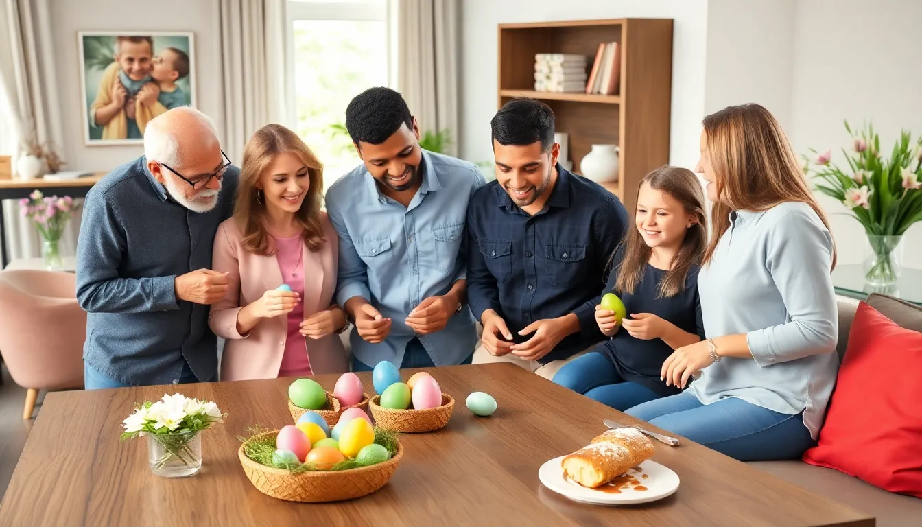 family celebrating Easter with colorful egg decorating and festive decorations.