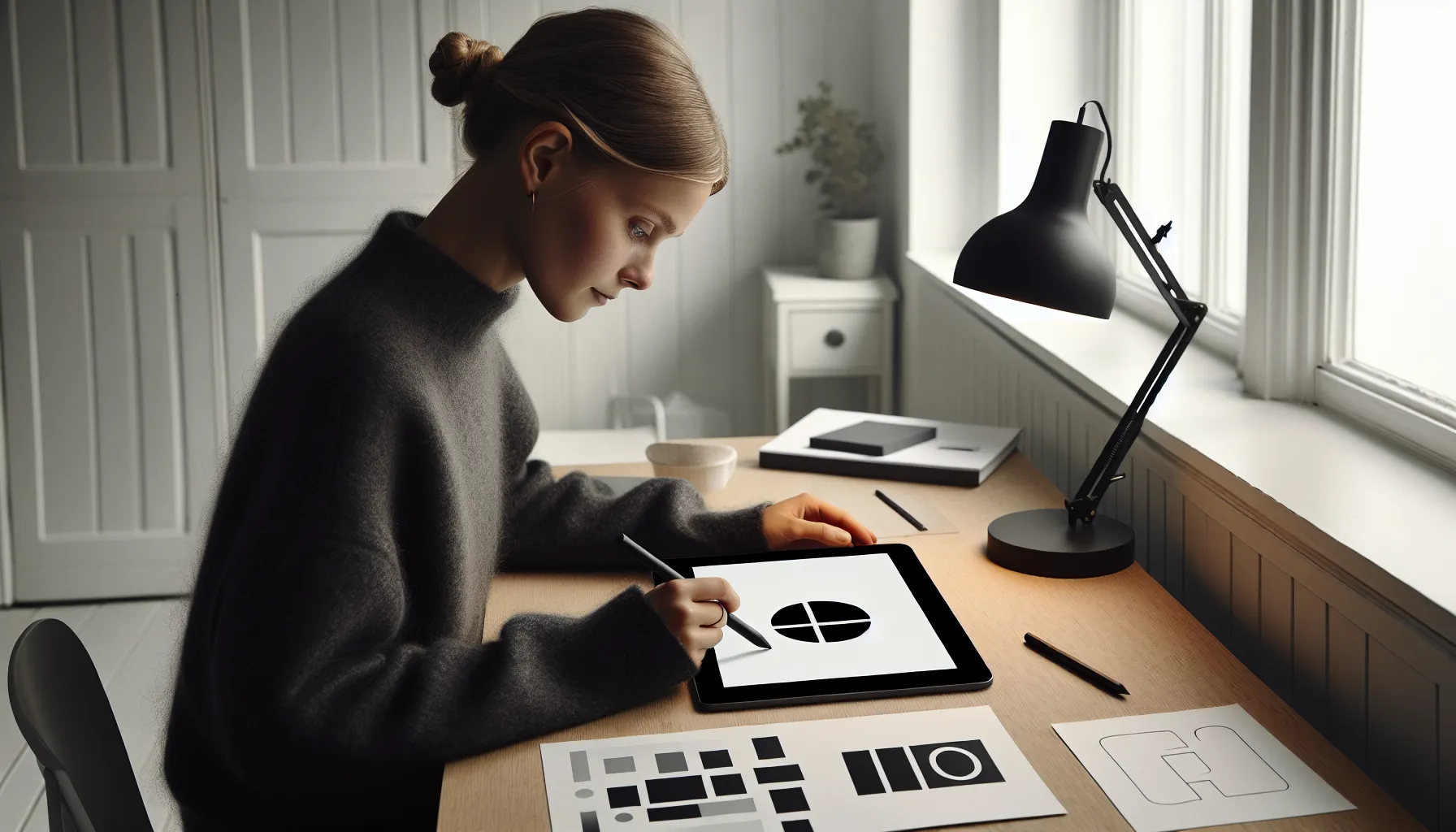 Designer refines minimalist broken-circle logo on tablet in Nordic daylight.