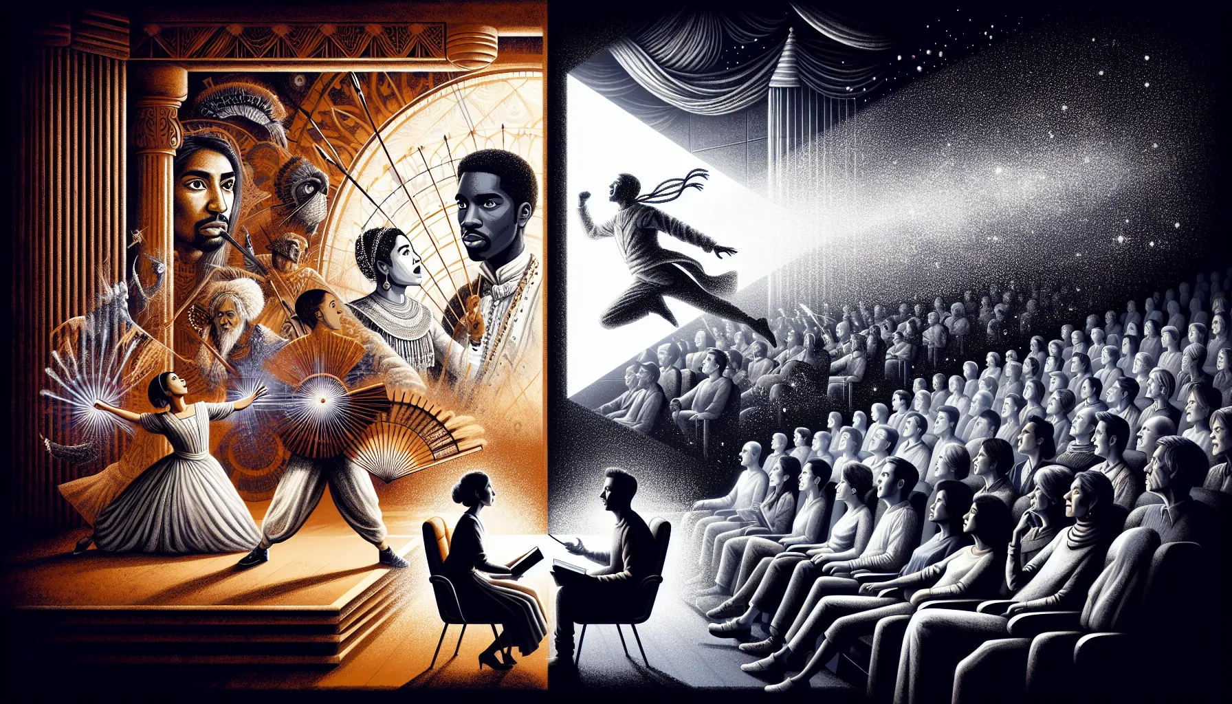 A contrast between a live theater performance and a cinema scene.