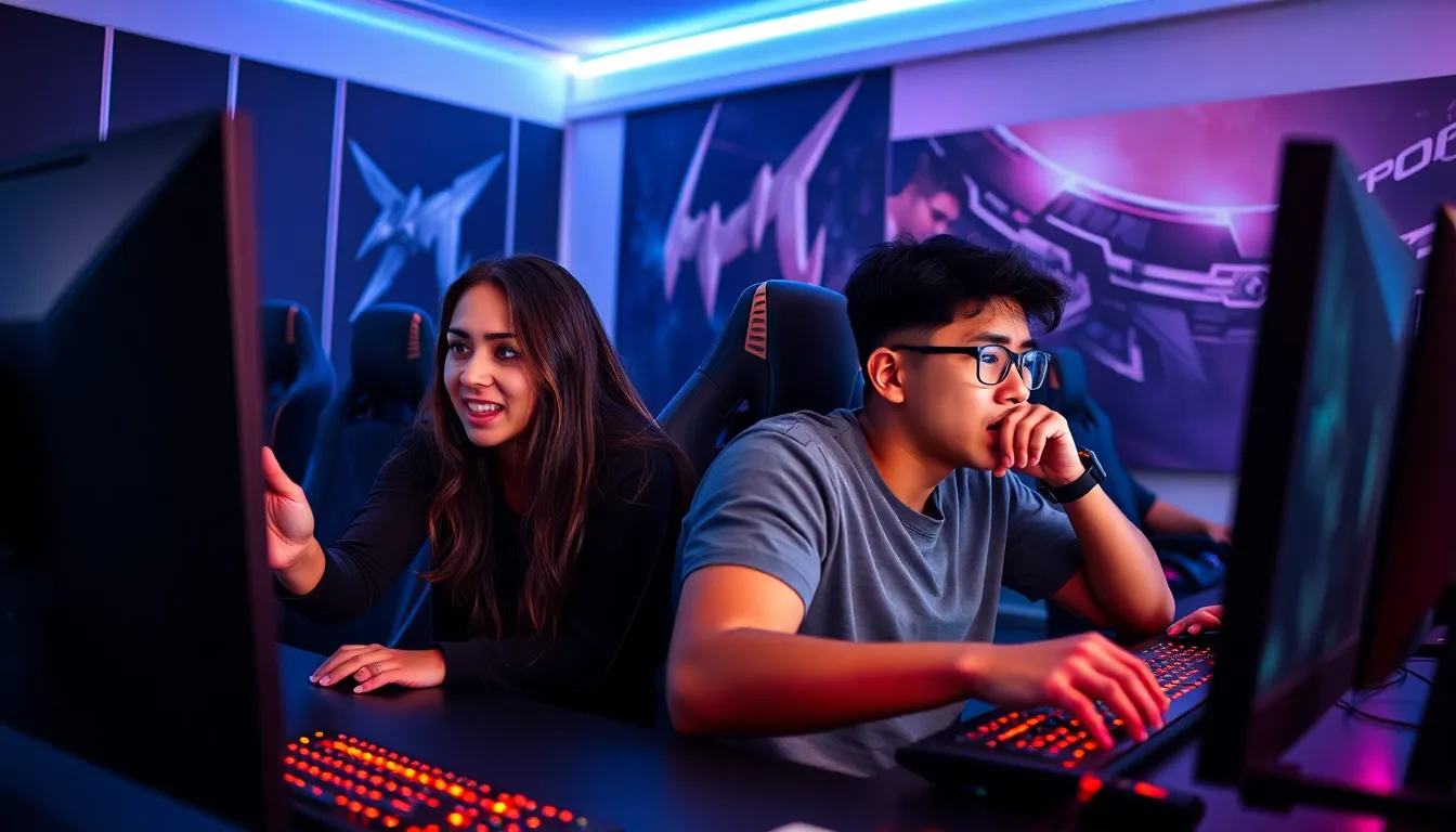 diverse gamers focused on a competitive gameplay session in a modern gaming room.