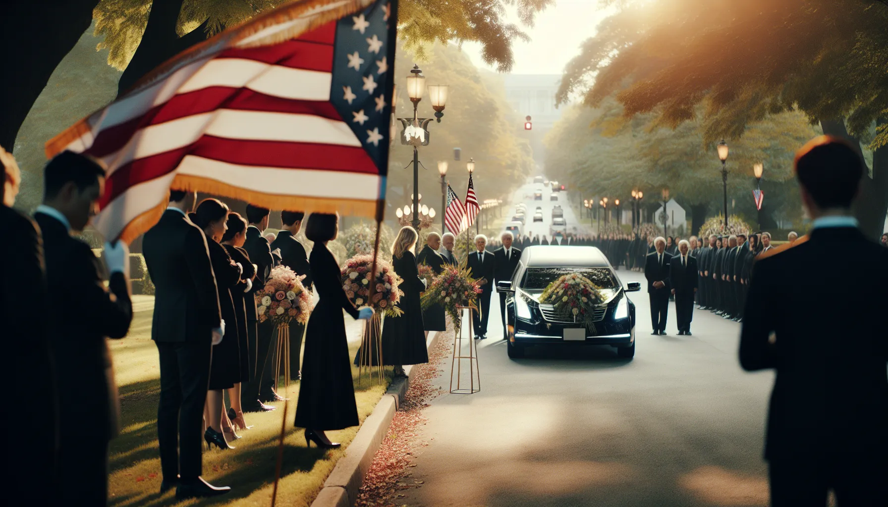 funeral procession with a prominent uitvaartstoetvlag and mourners.