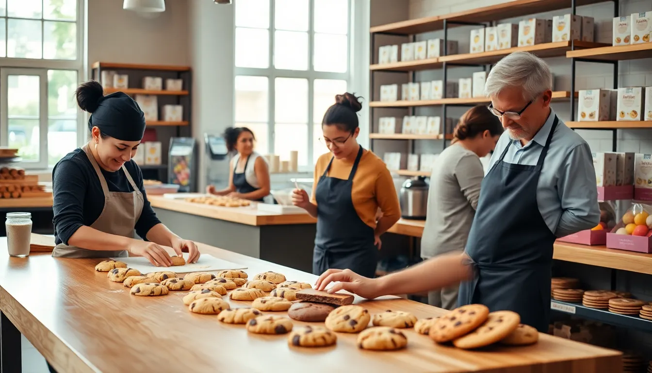 diverse bakers creating cookies in a modern bakery setting.