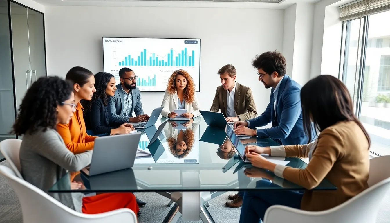 diverse team collaborating in a modern office on digital marketing strategies.