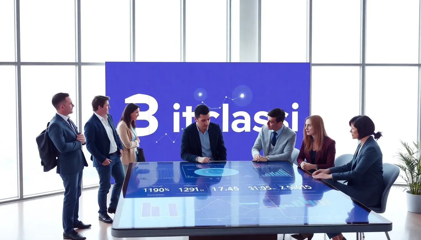 diverse professionals discussing Bitclassic cryptocurrency in a modern office.