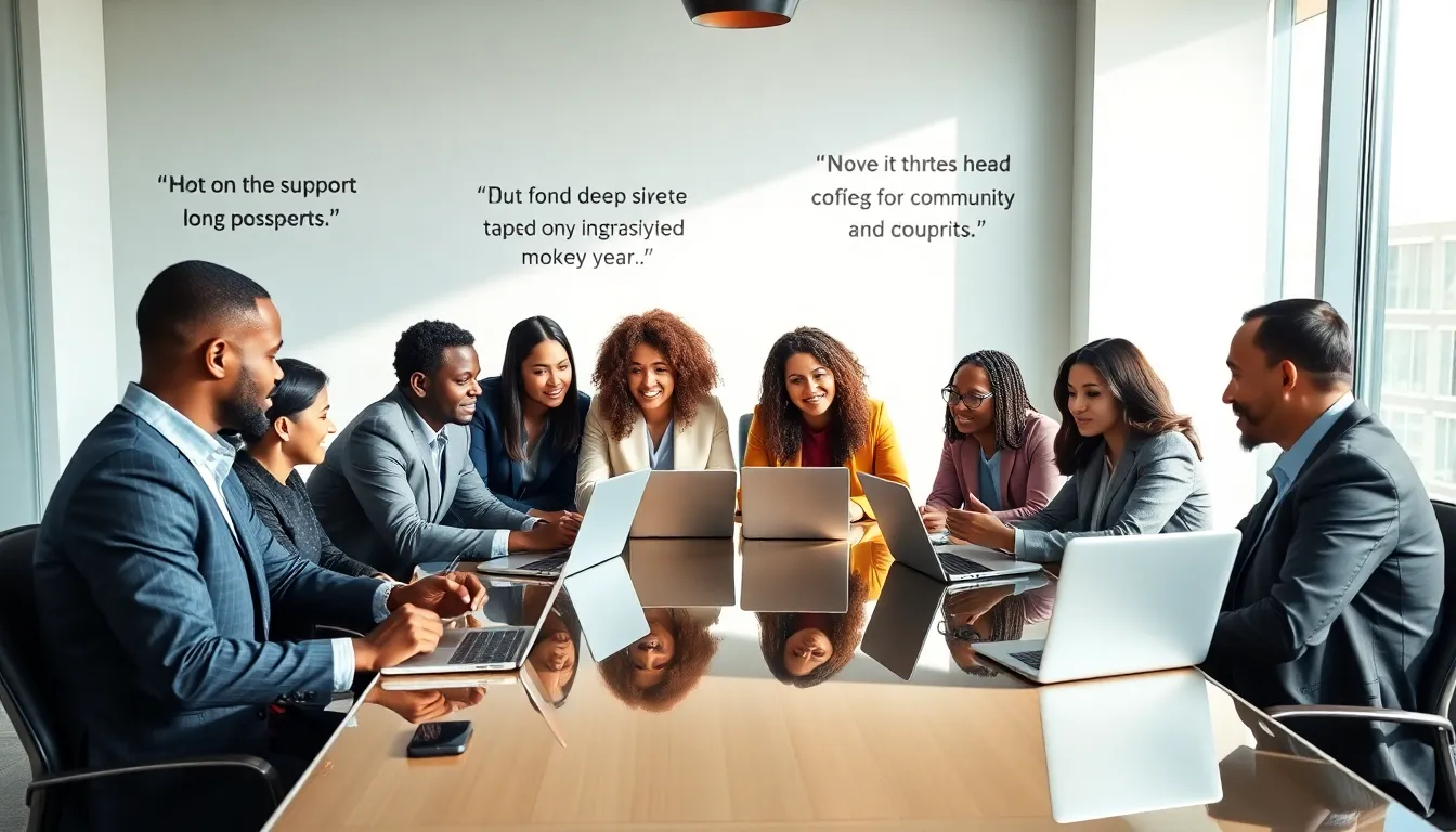diverse team discussing community support in a modern conference room.