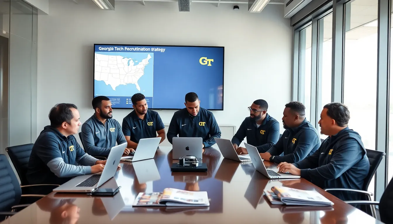 Georgia Tech coaches strategizing in a modern conference room.