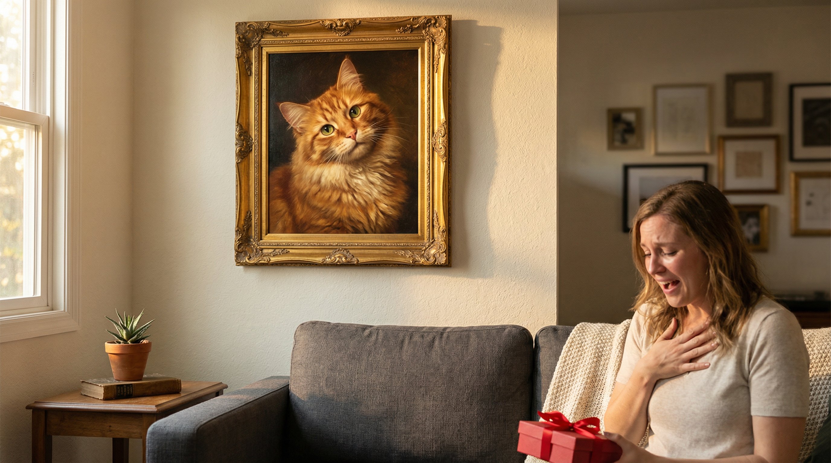 Framed custom cat portrait on a living room wall with a woman reacting joyfully.