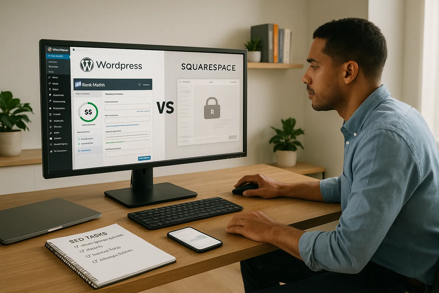 Marketer comparing Rank Math in WordPress to limited SEO options in Squarespace.