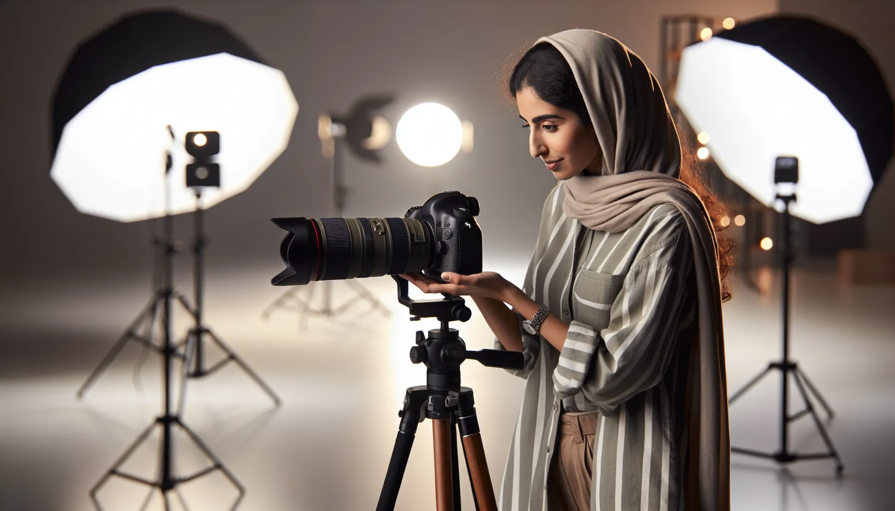 A photographer holding a DSLR camera in a professional studio setup.