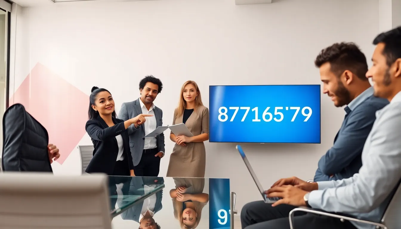 diverse professionals discussing significance of the number 8162716579 in an office.