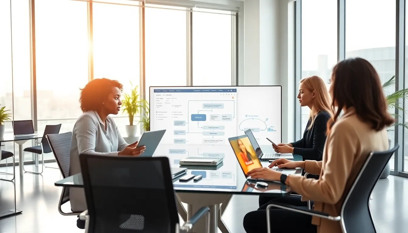 diverse professionals collaborating on low-code no-code automation in a modern office.