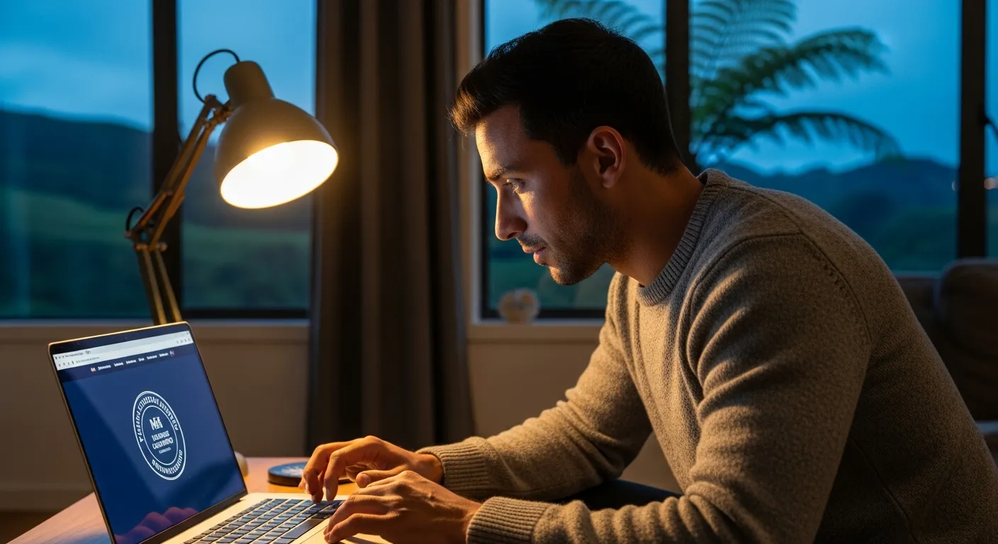 A man checks online casino licensing details on a laptop in a New Zealand home.