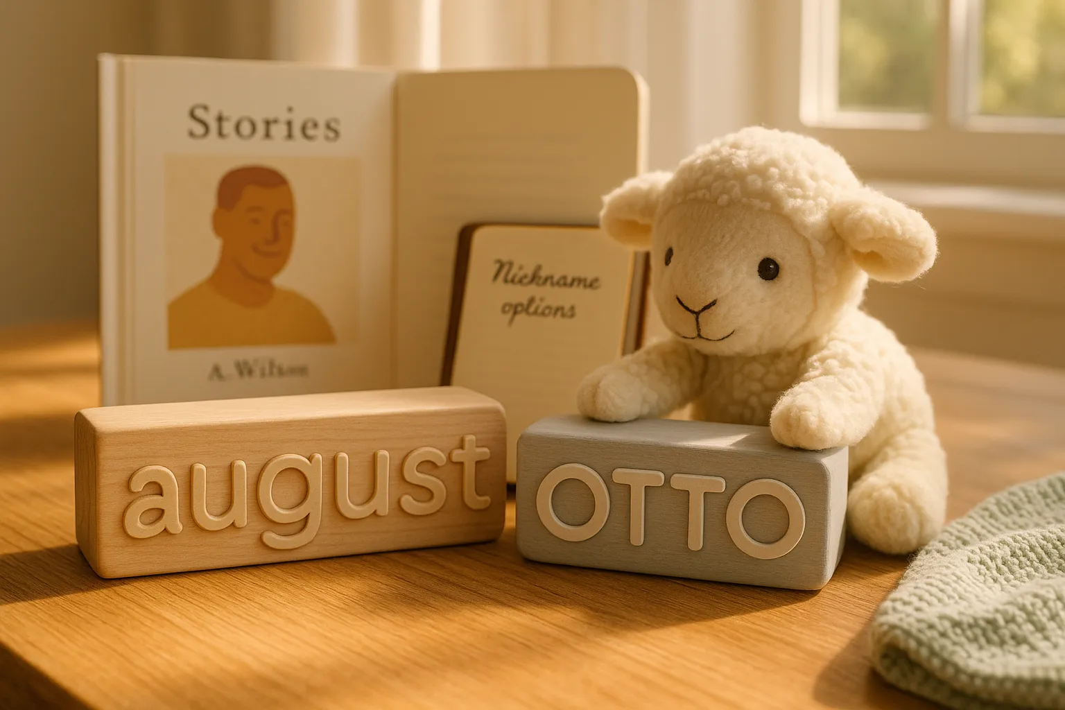 wooden blocks reading AUGUST and OTTO beside a plush lamb in sunlit nursery