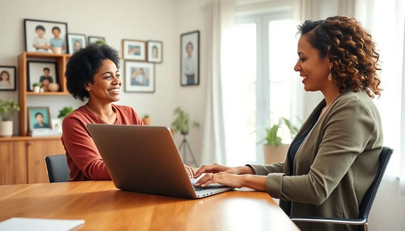 single mother connecting with others in her home office.