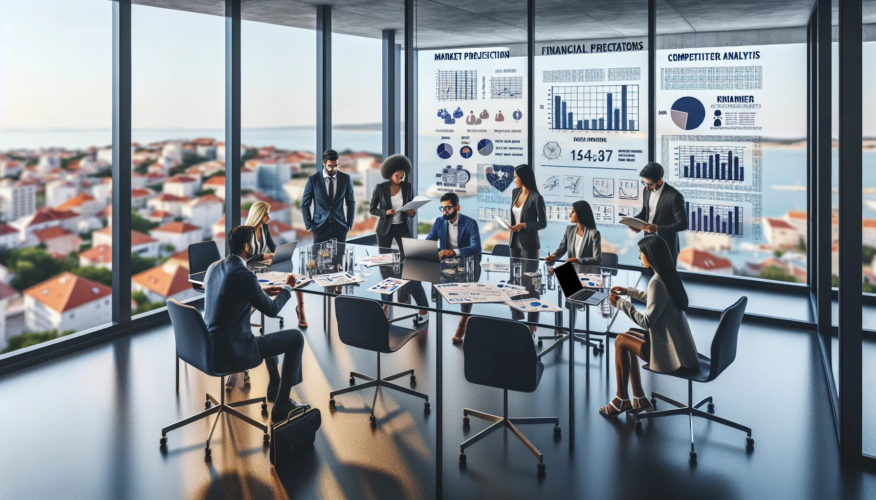 Business professionals analyzing market research and financial plans in modern office.