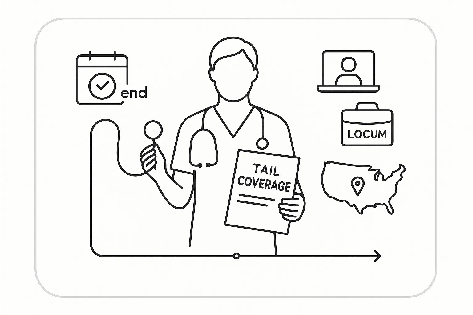 Nurse practitioner holding tail coverage document with calendar and telehealth icons.