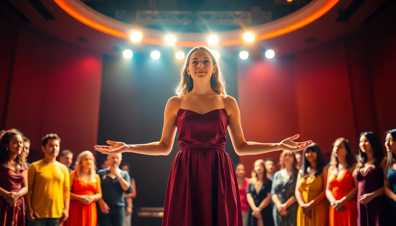 Ashley Johannsson performing center stage in a vibrant theater.