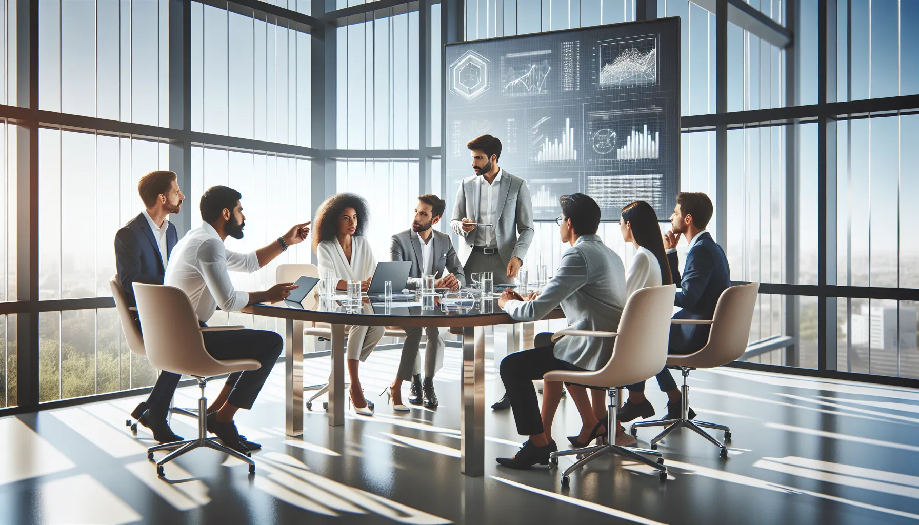 professionals discussing customer service data in a modern office.