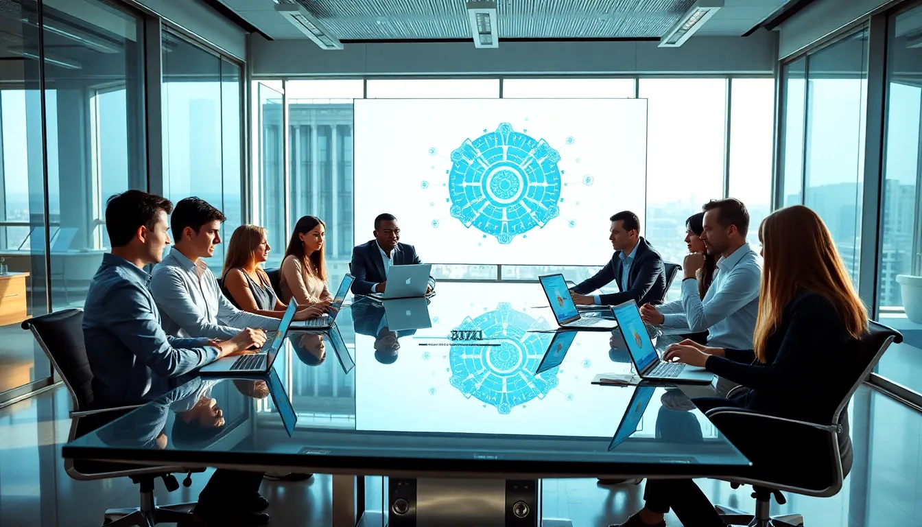 diverse team discussing Djr1121 technology in a modern office.