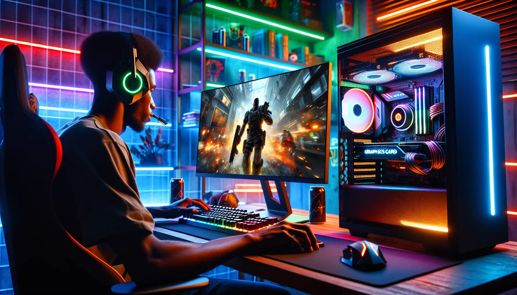 A gamer focused on an 8K monitor in a high-tech gaming setup.