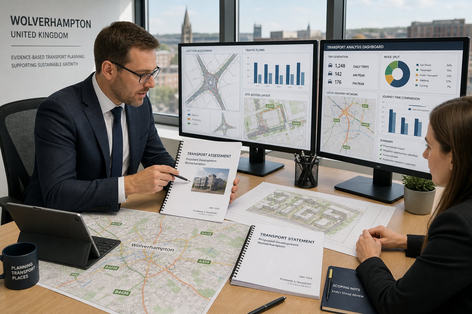 Traffic engineer reviewing planning transport documents in a modern Wolverhampton office.