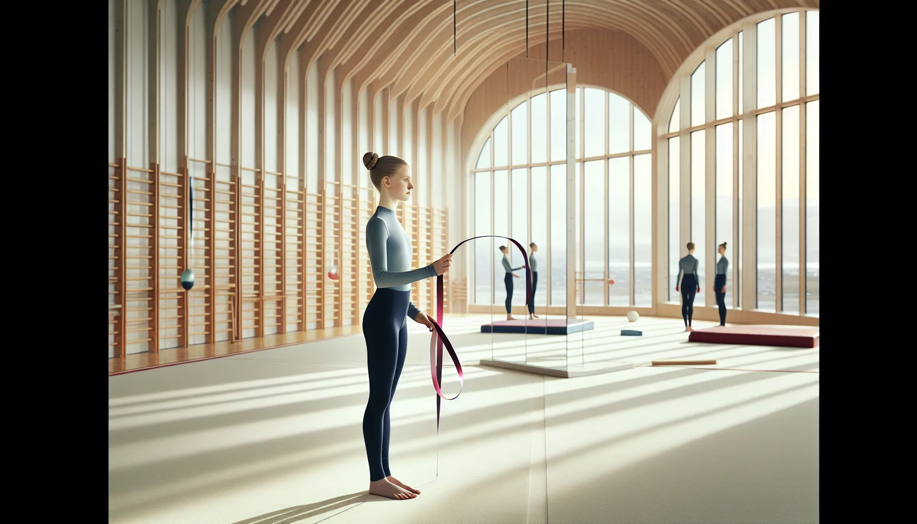 Beginner practicing rhythmic gymnastics with ribbon in a norwegian gym hall.