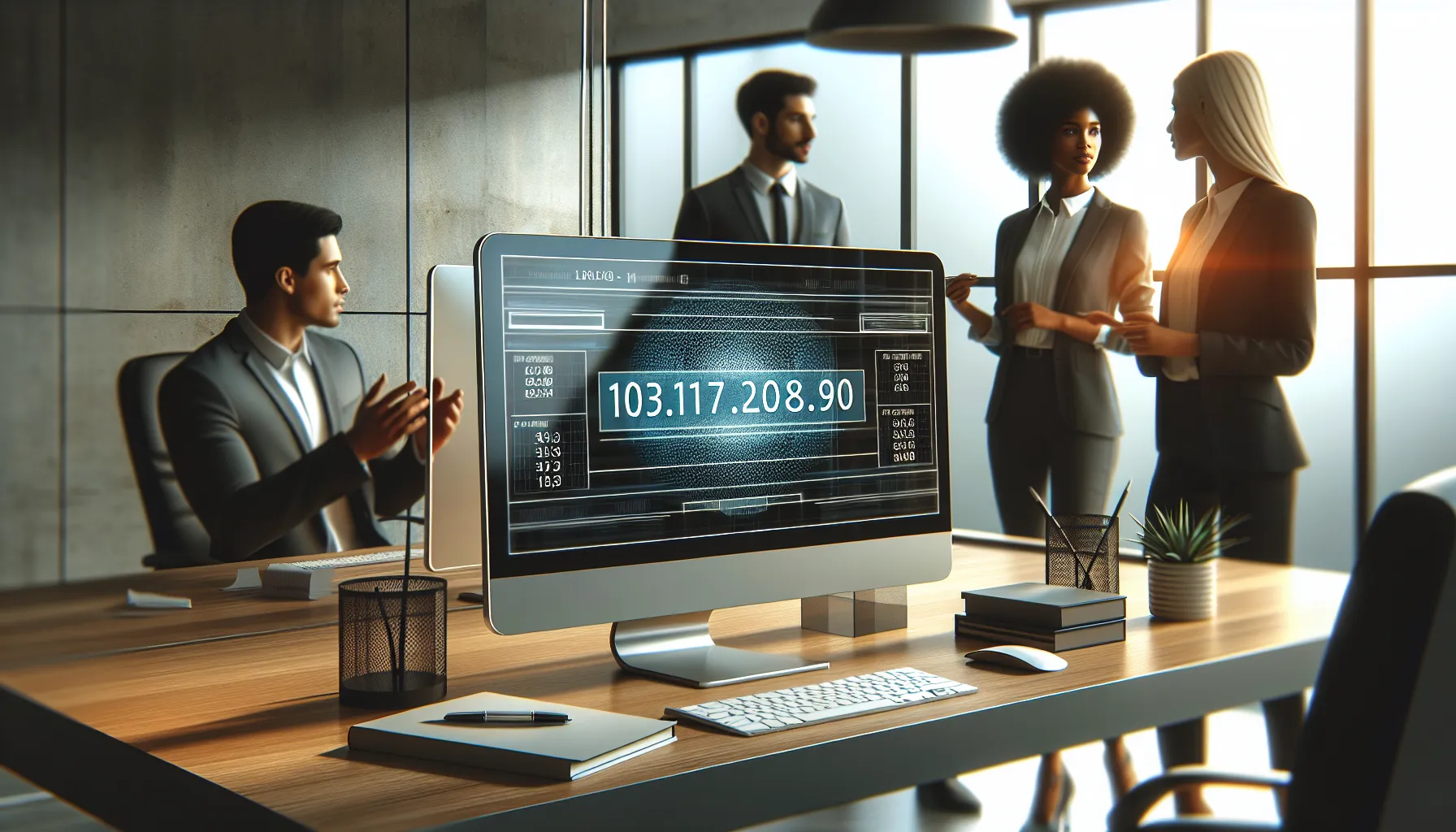professionals discussing IP addresses in a modern office.
